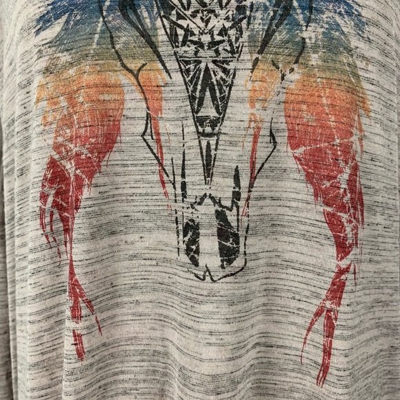 Lush tan lightweight drop-sleeve Top multicolor longhorn western boho motif L - Picture 9 of 15